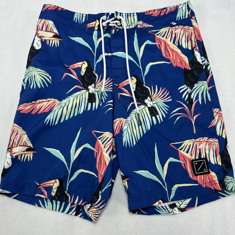 American Eagle Outfitters Board Shorts Mens Medium Blue Toucan Tropical Swim‎